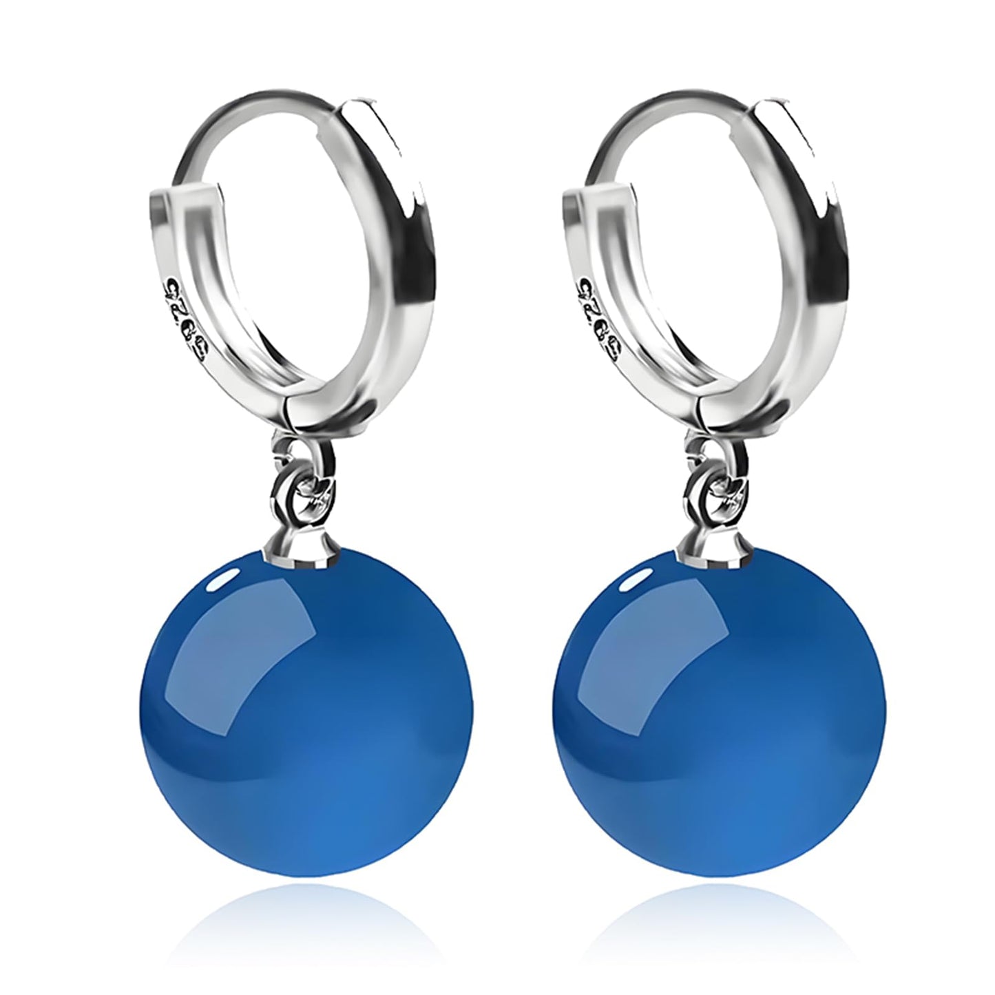 QLYOVWE Handmade Jade Earrings Basic Gemstone Round 12MM Bead Ball Drop Dangle Earrings Rose Quartz Stone Natural Agate Bead Jade Drop Earrings for Women (Blue)
