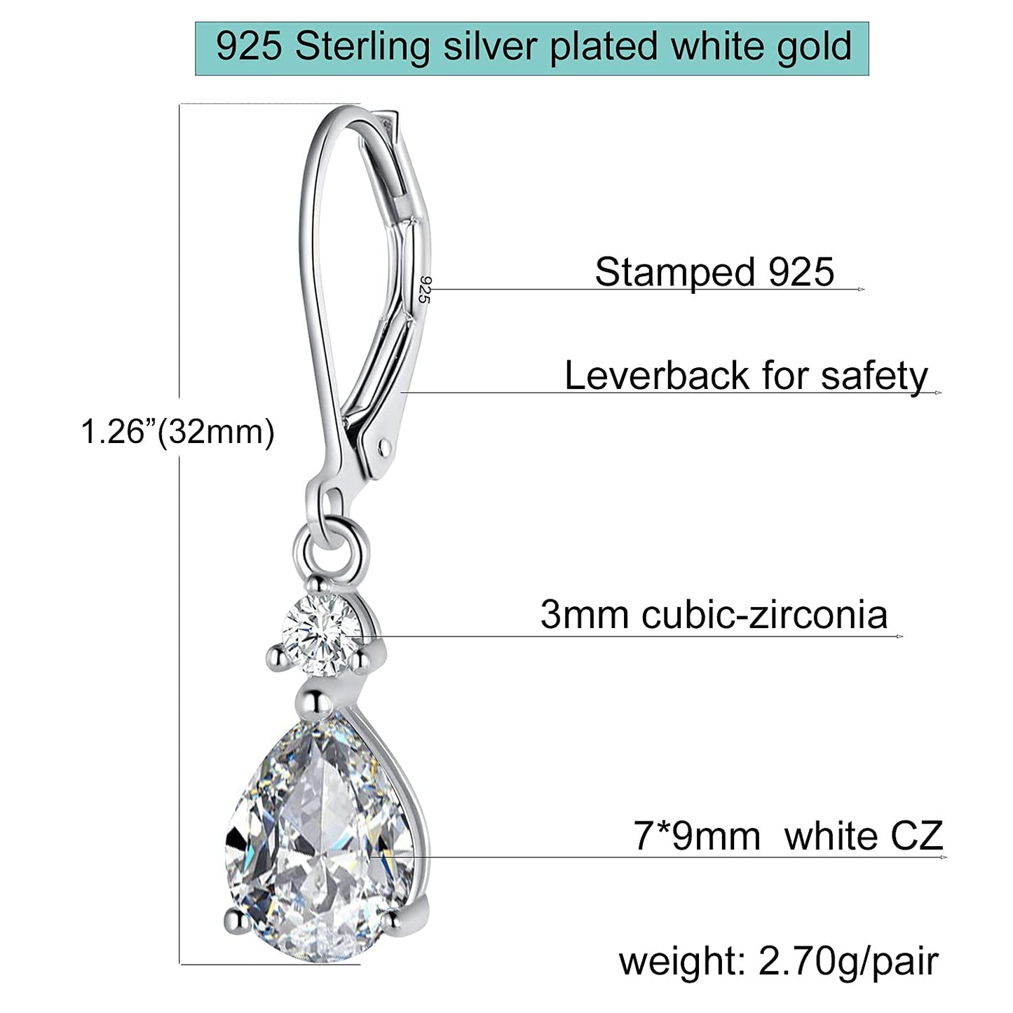 925 Sterling Silver Teardrop Leverback Earrings Blue Topaz Amethyst Rainbow Quartz CZ Dangle Drop Earrings Hypoallergenic Gemstone Jewelry Birthday Gifts for Women Daily Party Wear