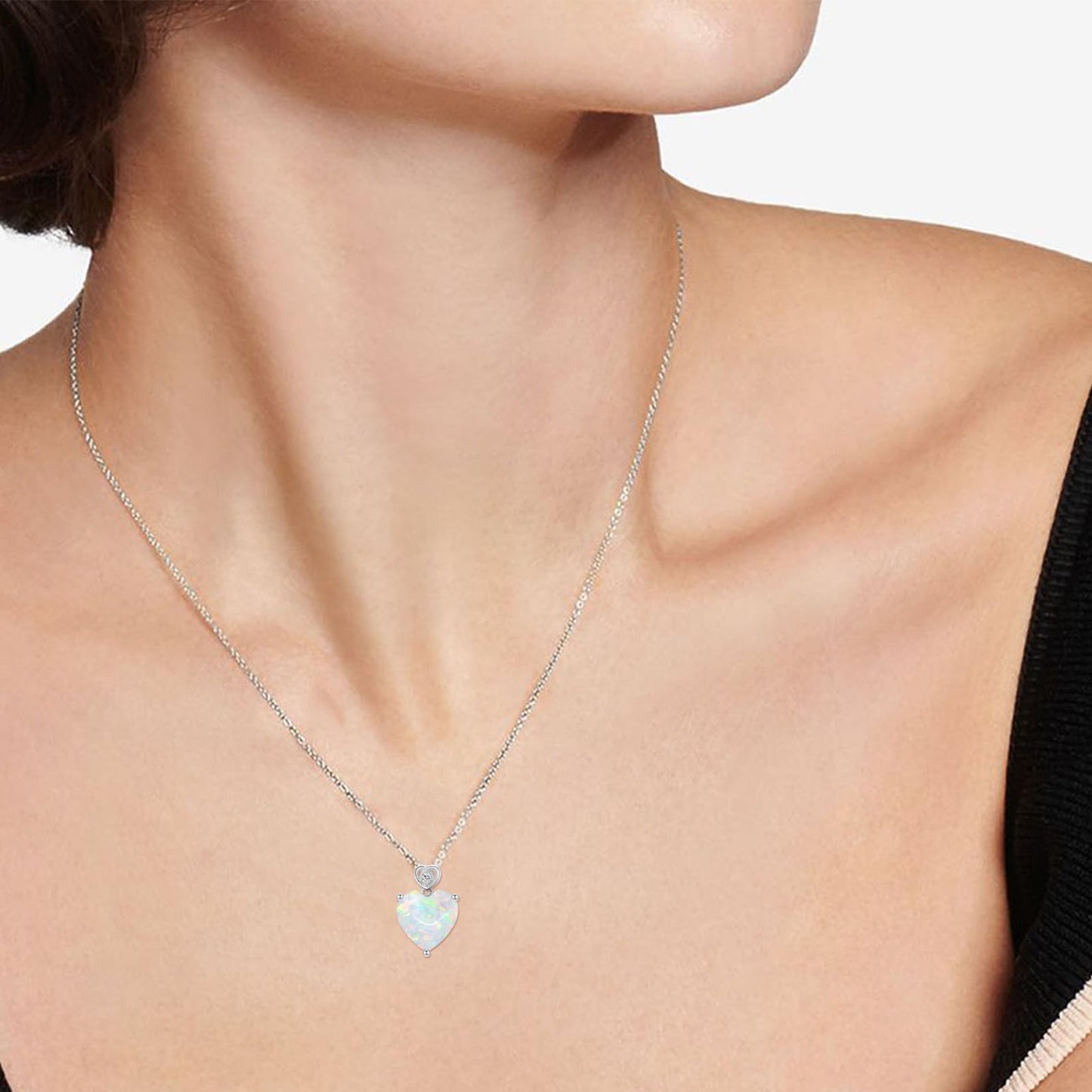 NFYBD 14k White Gold Love Heart Opal Birthstone Pendant Necklace for Women 3 Carat Heart-cut Created Gemstone Anniversary Birthday Mother's Day Necklaces for Her-October