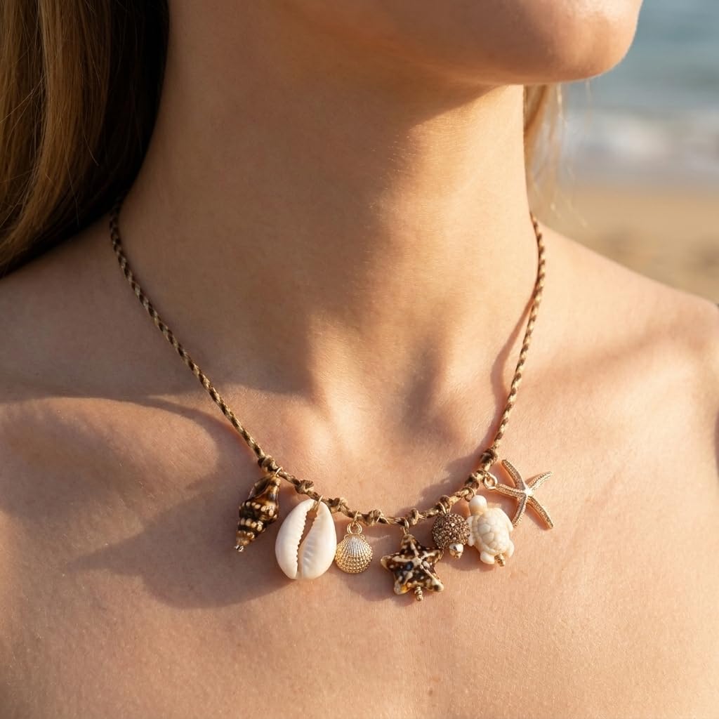 Tyebiva Fish Necklace Summer Beach Braided Rope Beaded Necklace for Women Colorful Seashell Chunky Bead Jewelry Brown Fashion Vacation Gift
