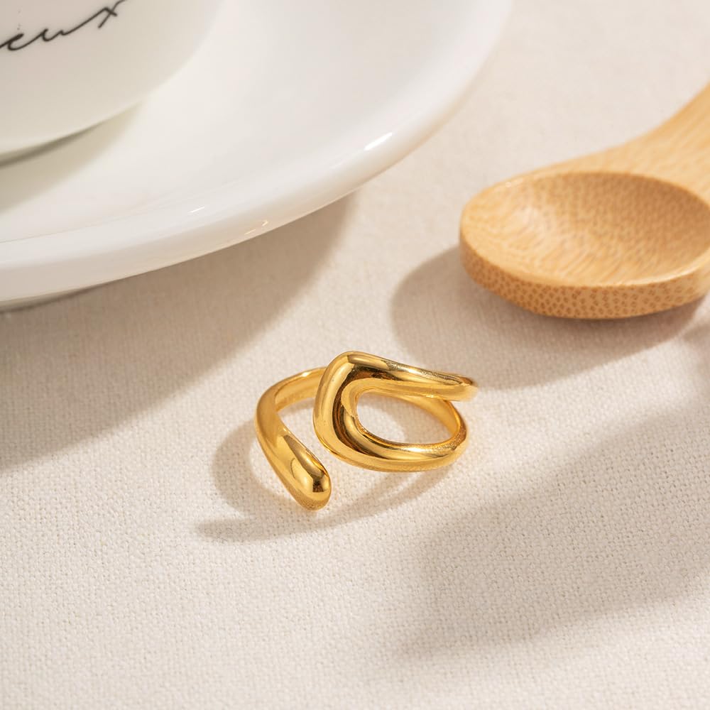 AIETUE Chunky Rings For Women, Gold Silver Thumb Ring Asymmetrical Wavy Curve Ring Adjustable Non Tarnish Dainty Stainless Steel New Year Anniversary Birthday Jewelry Gift (Zesty-Gold)