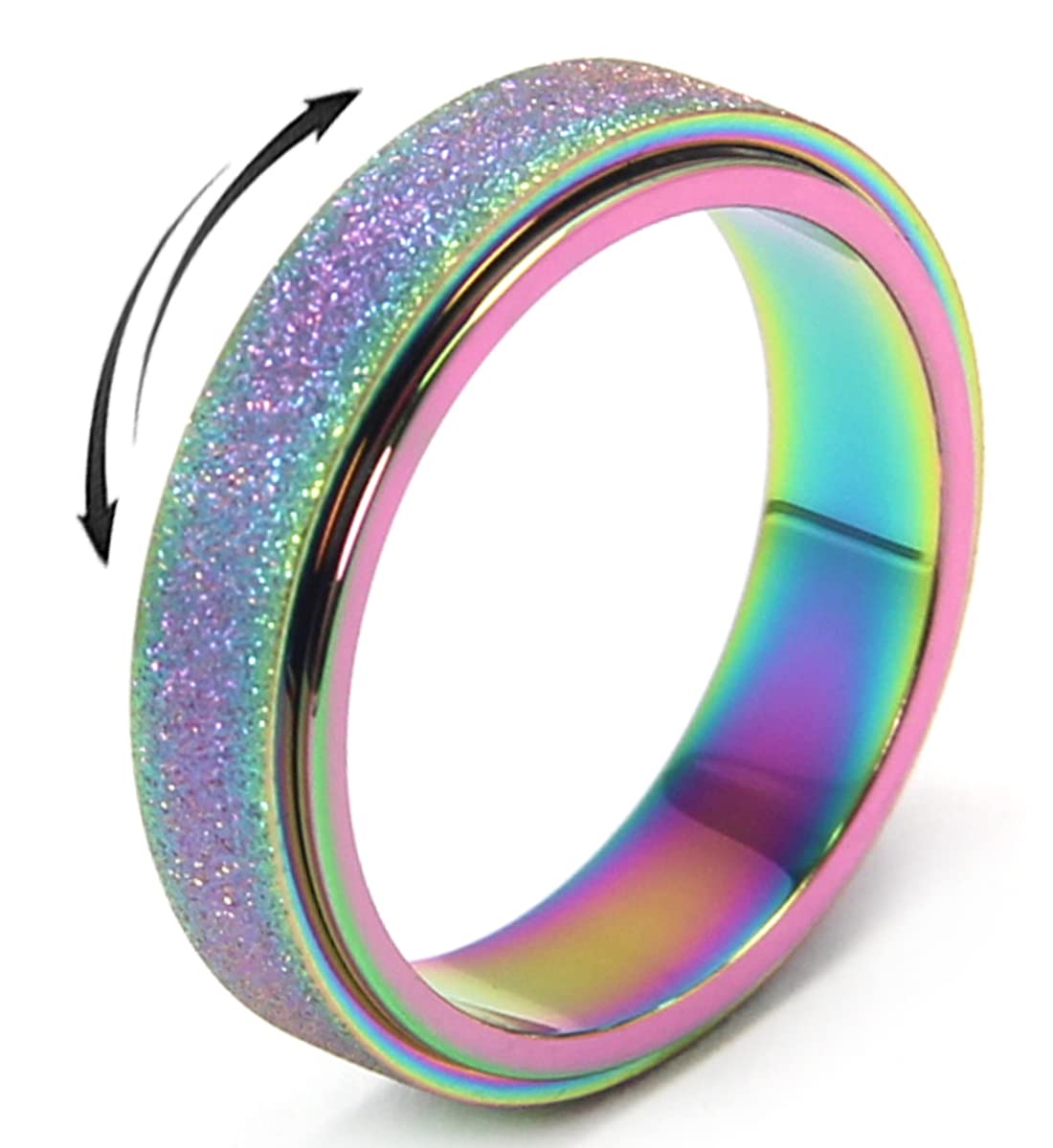 OreilleStar Anxiety Ring for Women Fidget Spinner Ring Fidget Toys Adults Titanium Stainless Steel Thumb Ring 6mm Wide Rainbow Size 8