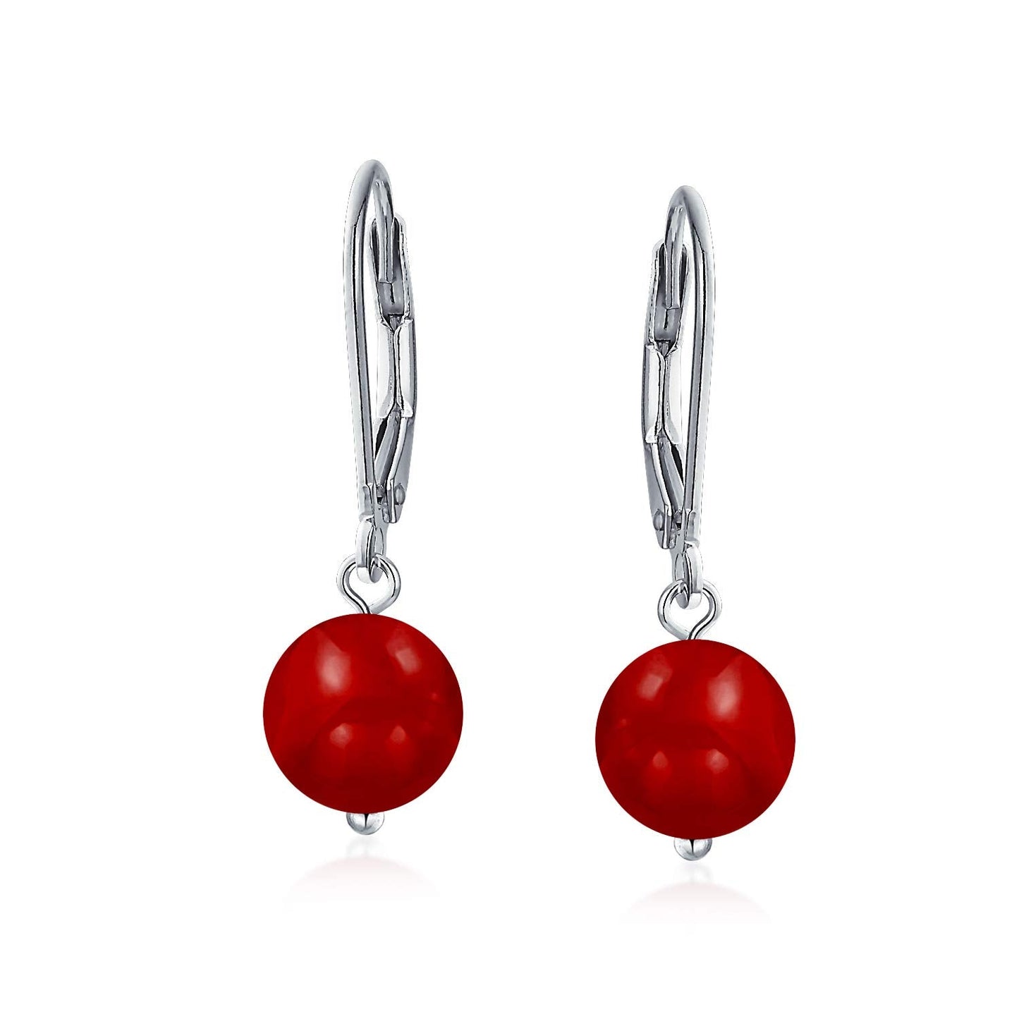 Bling Jewelry Simple Plain Gemstone Dyed Red Natural Coral Ball Round Drop Dangle Earrings For Women Teen .925 Sterling Silver
