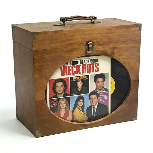 Vinyl Record Storage Case,Wood Record box with Display Window,Leather Handle and Metal Corners,Vinyl Storage Box Fits 7-10 Inch, Holds 30-35 Albums, Practical for Personal Use,Or as A Gift (Brown）