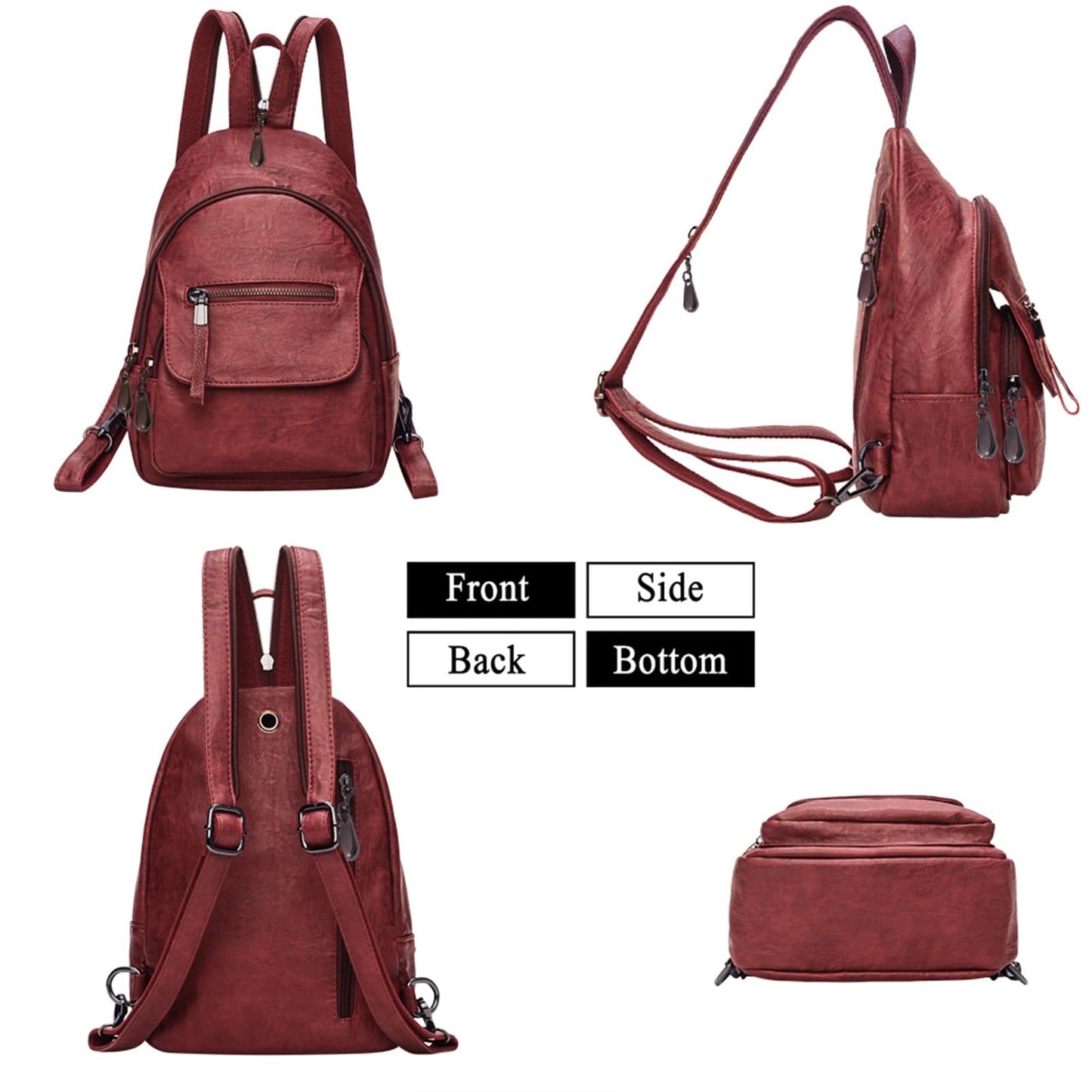 Small Backpack Purse for Women Fashion PU Leather Backpack Convertible Ladies Sling Bag Red Wine
