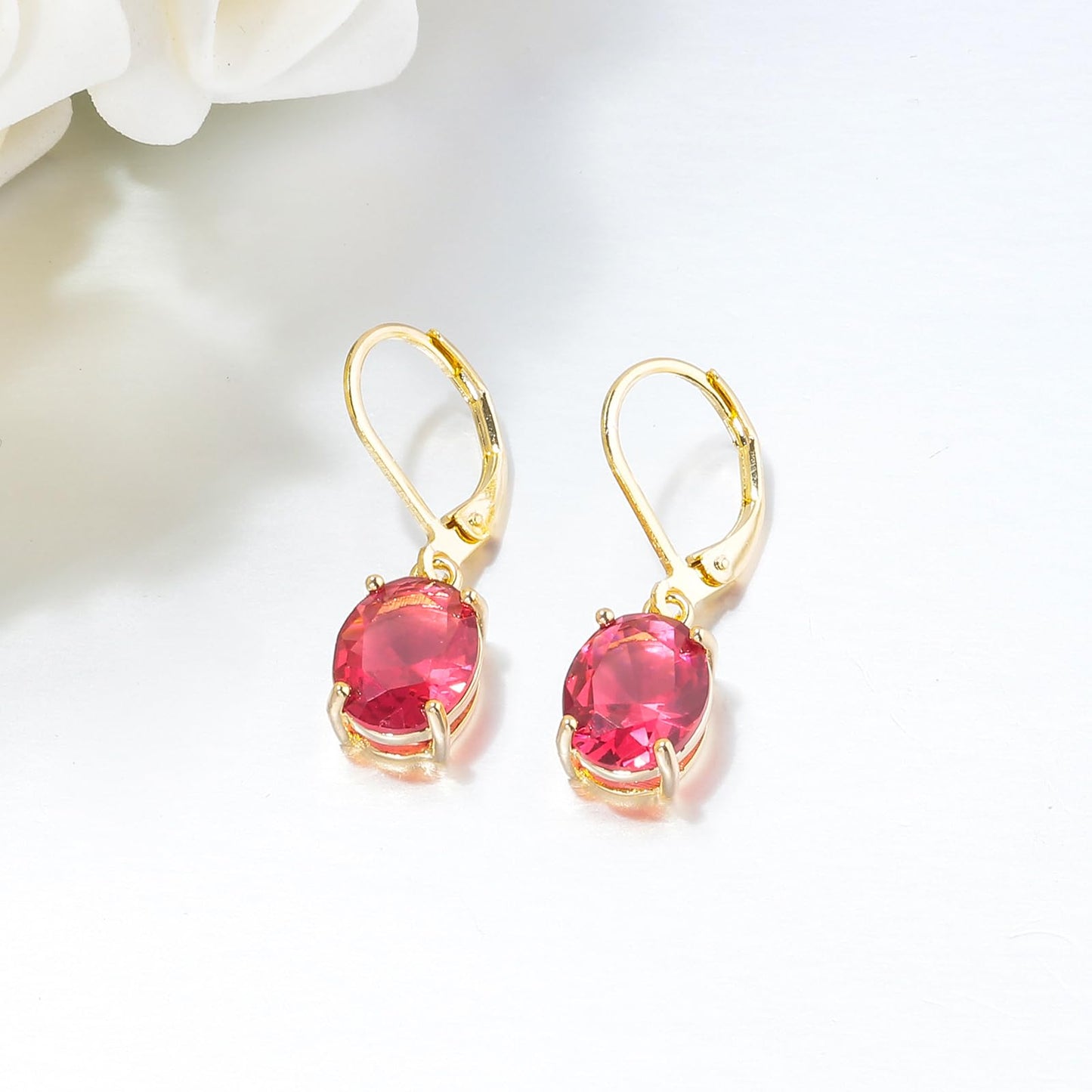 CiNily Cut-Oval Leverback Dangle Earrings for Women Red Cubic Zircon 14K Gold Plated Hypoallergenic Hanging Earrings Lightweight Summer Drop Earrings Party Wedding Birthday Gifts
