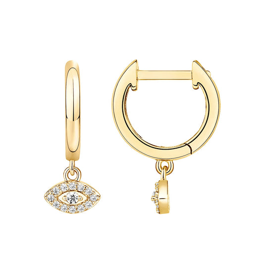 PAVOI 14K Yellow Gold Plated 925 Sterling Silver Post Good Luck Dangle Huggie Hoop Earrings For Women - Trendy Evil Eye Drop Hoop Earrings - Cubic Zirconia Small Hinged Huggies
