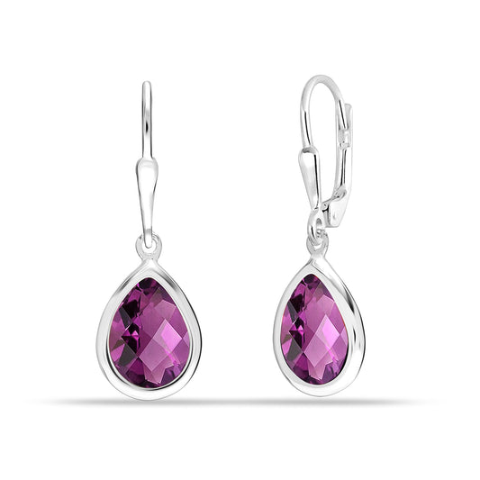 LeCalla 925 Sterling Silver Teardrop Leverback Earrings for Women | Pear Shaped Amethyst Gemstone Dangle Earrings 32MM