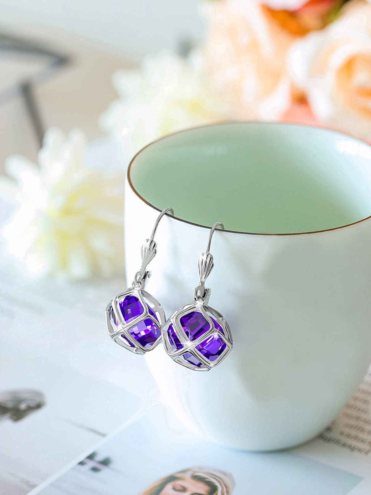Big Dark Purple Crystal Dangle Earrings for Women (Feb-Amethyst-White Gold Plated)