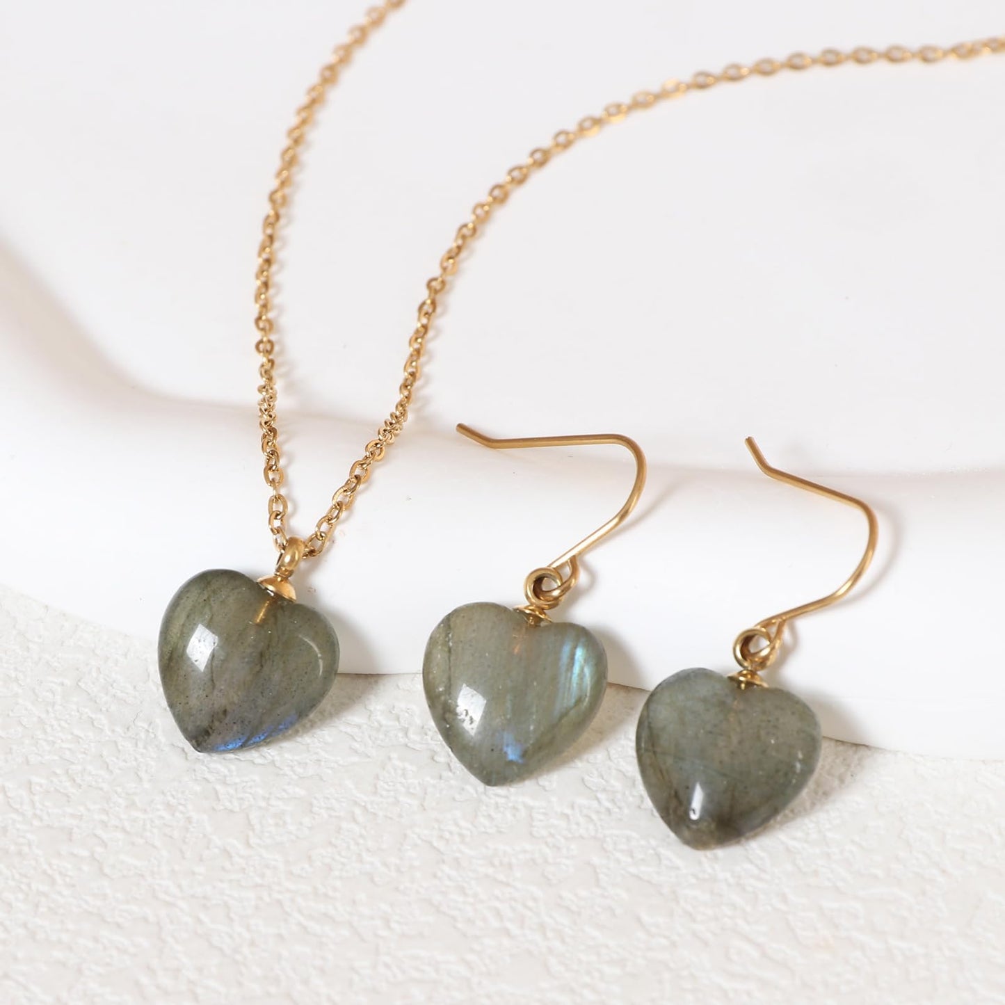 TaYolnFaSo Natural Heart Labradorite Jewelry Set for Women Dainty Cute 18K Gold Plated Labradorite Earrings and Necklace Set Birthday Gifts