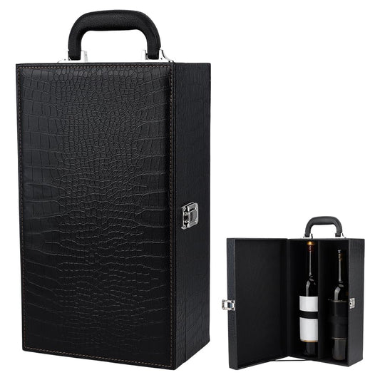 PH PandaHall Wine Gift Box, 2 Bottle Textured Leatherette Wine Carrier Case with Top Handle Bottle Storage Packaging Box for Business Gifts, Party Events, Travel, Holiday, 13.66x7.87x4.65inch, Black