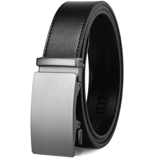 Founders & C Men's Ratchet Belt 1 3/8",Leather Dress Belt Adjustable with Click Sliding Buckle Trim to Exact Fit (Silver Buckle-Black, 28"-42" Waist Adjustable)