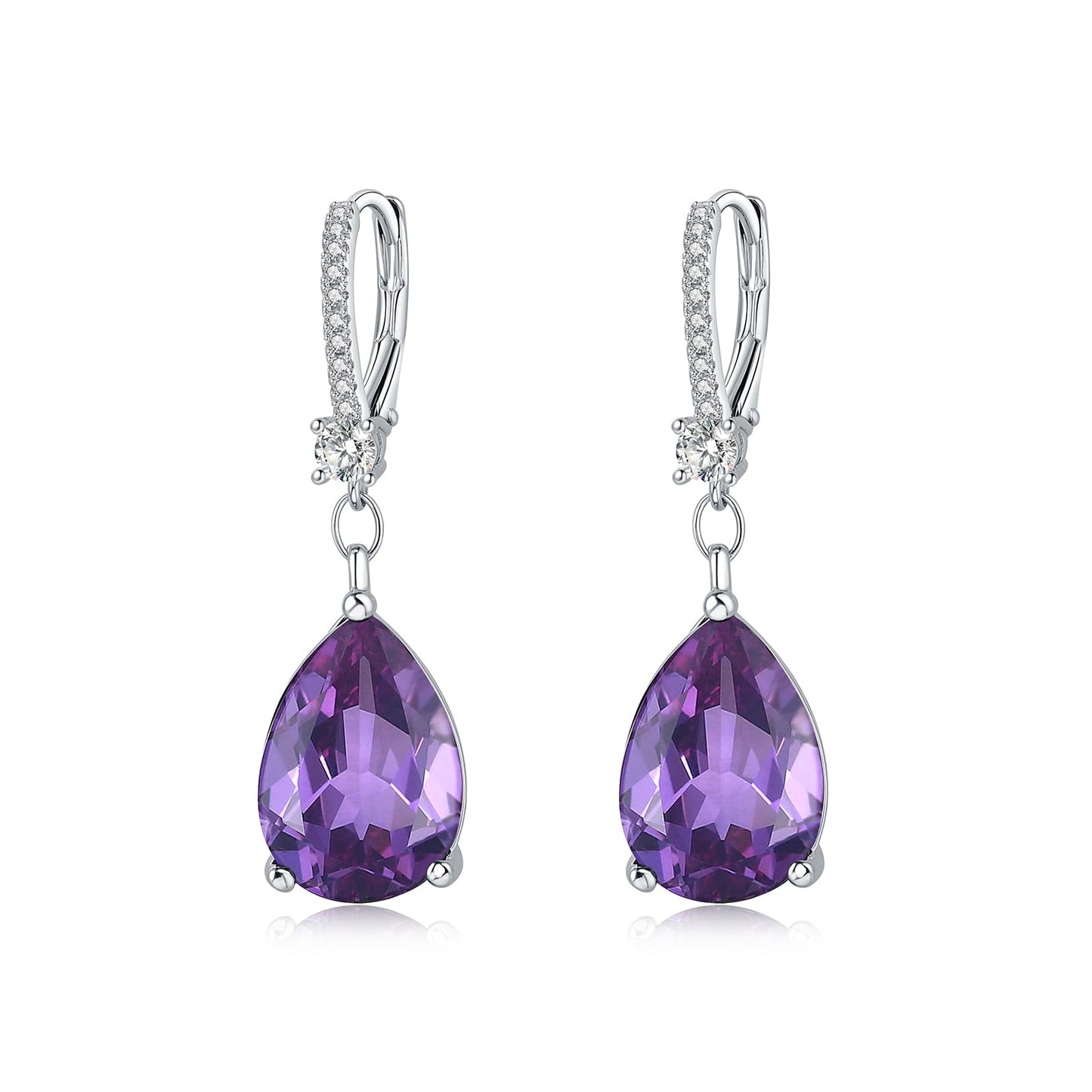 BAMIKI Sterling Silver Teardrop Leverback Dangle Earrings for Women Hypoallergenic, 10×14mm Pear Amethyst Birthstone Purple Cubic Zircon Drop Earrings Trendy Jewelry Gifts for Wife Daughter Mother
