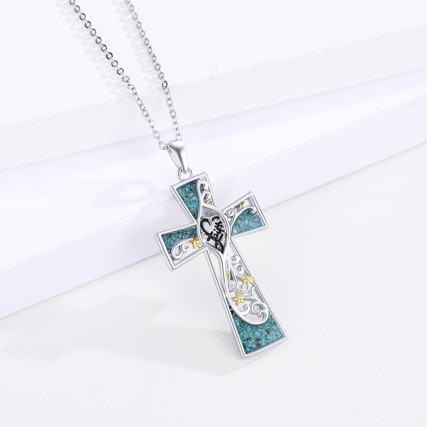 YEESIA Cross Necklace 925 Sterling Silver Turquoise Faith Pendant Necklace Flower Jewelry Gift for Women Mom Mothers Day