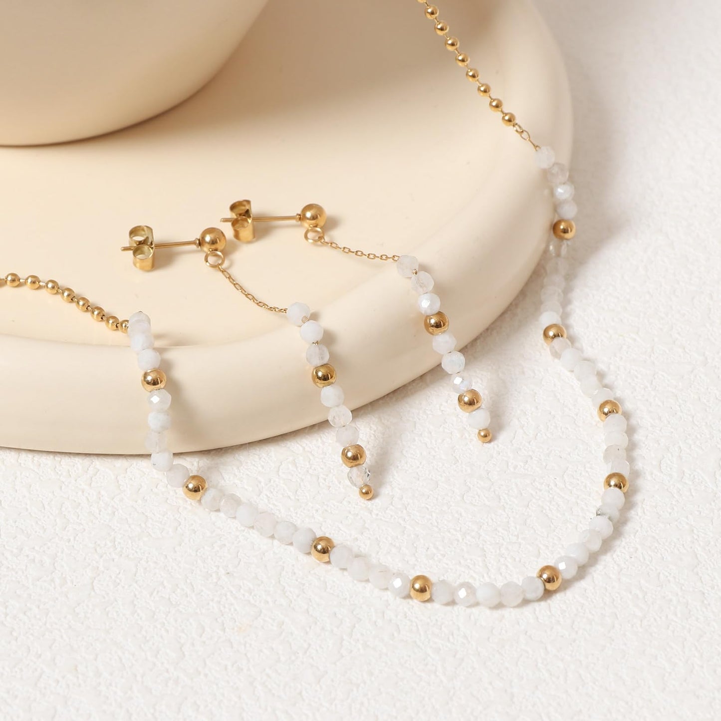 TaYolnFaSo Round Moonstone Beads Jewelry Set for Women 18K Gold Plated White Moonstone Necklace and Earrings Set Gift for Her