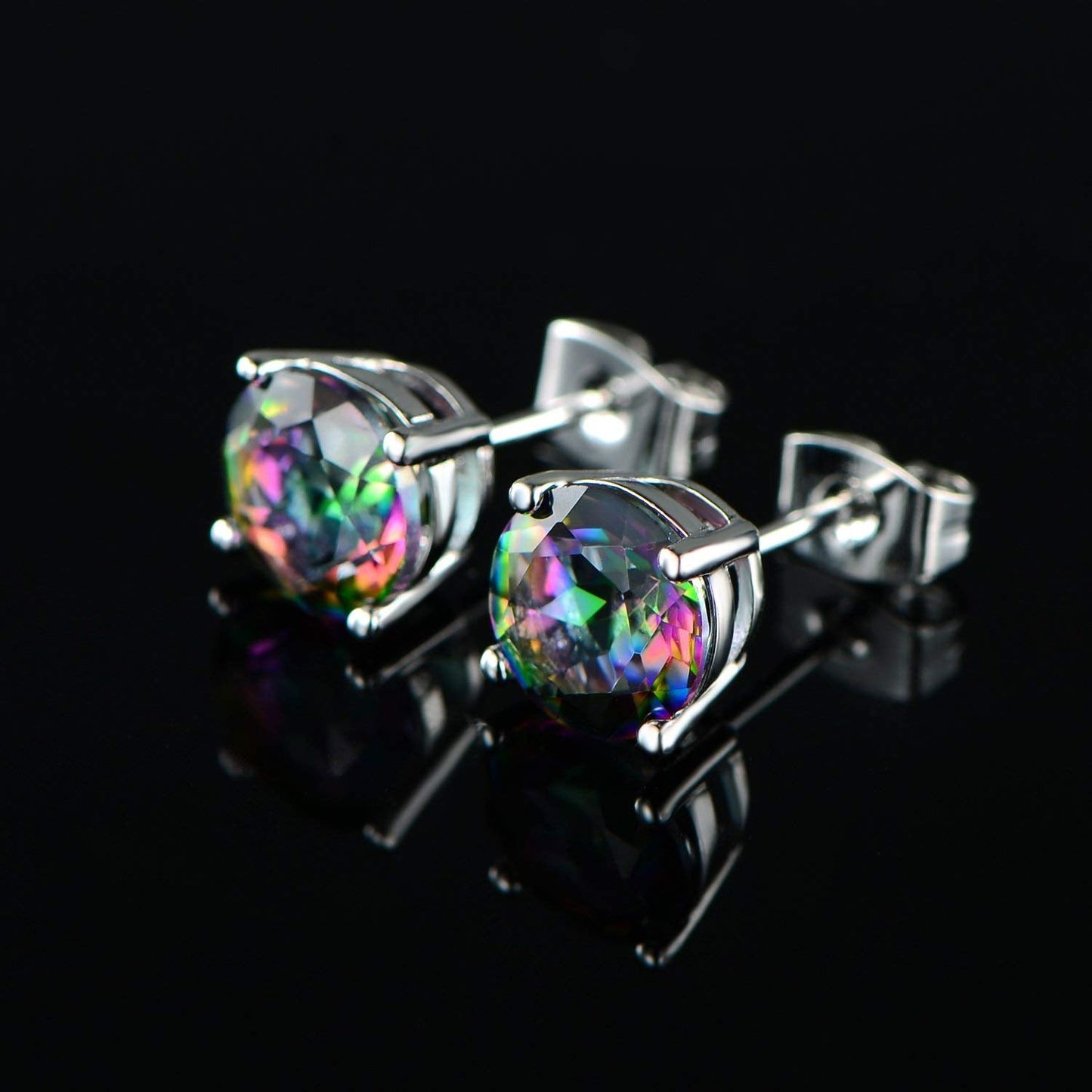 VOLUKA 18K White Gold Plated Rainbow Quartz Stud Earrings,Hypoallergenic Round Square CZ Earrings for Women Men,Daily Wear Party Wedding Jewelry Gift