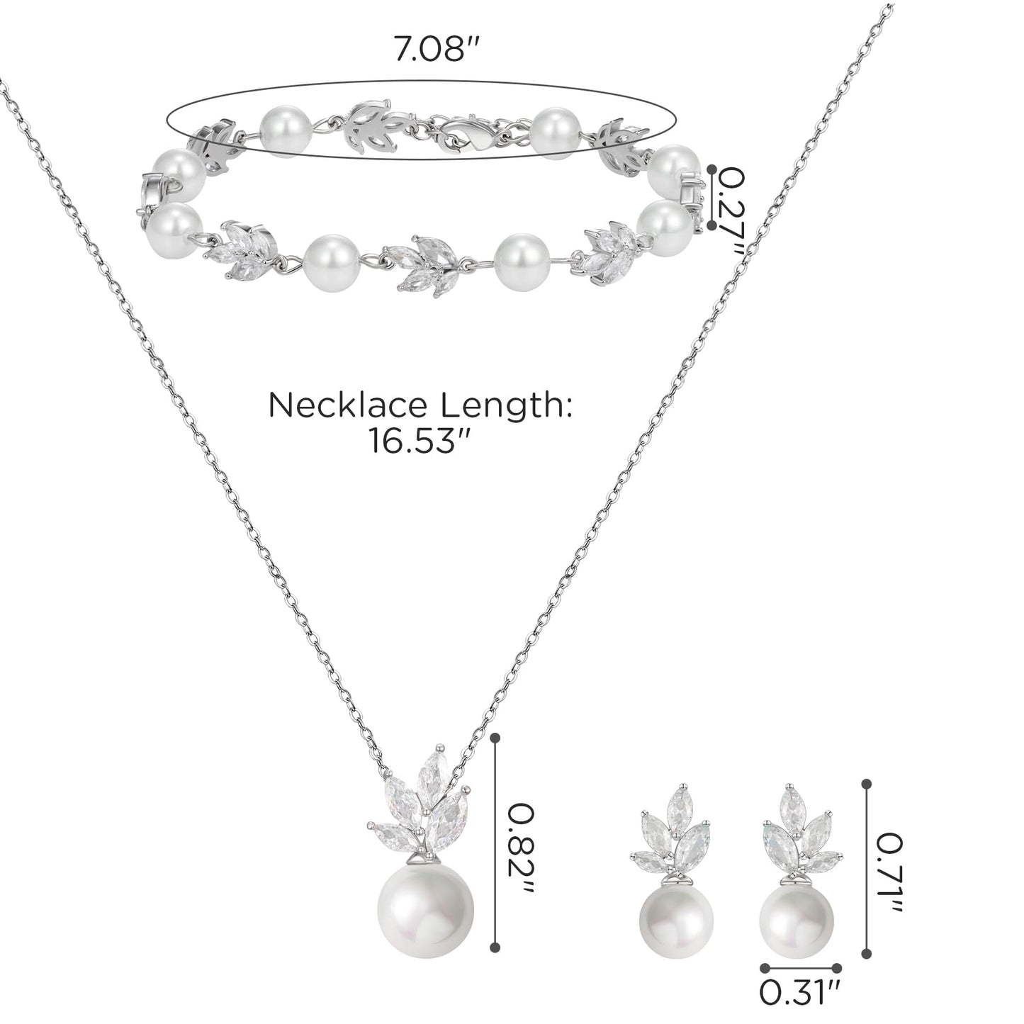 SWEETV Bridal Jewelry Set for Wedding, Cubic Zirconia Pearl Floral Bridal Earrings Necklace Bracelet Set, Silver Jewelry Set for Bride Women