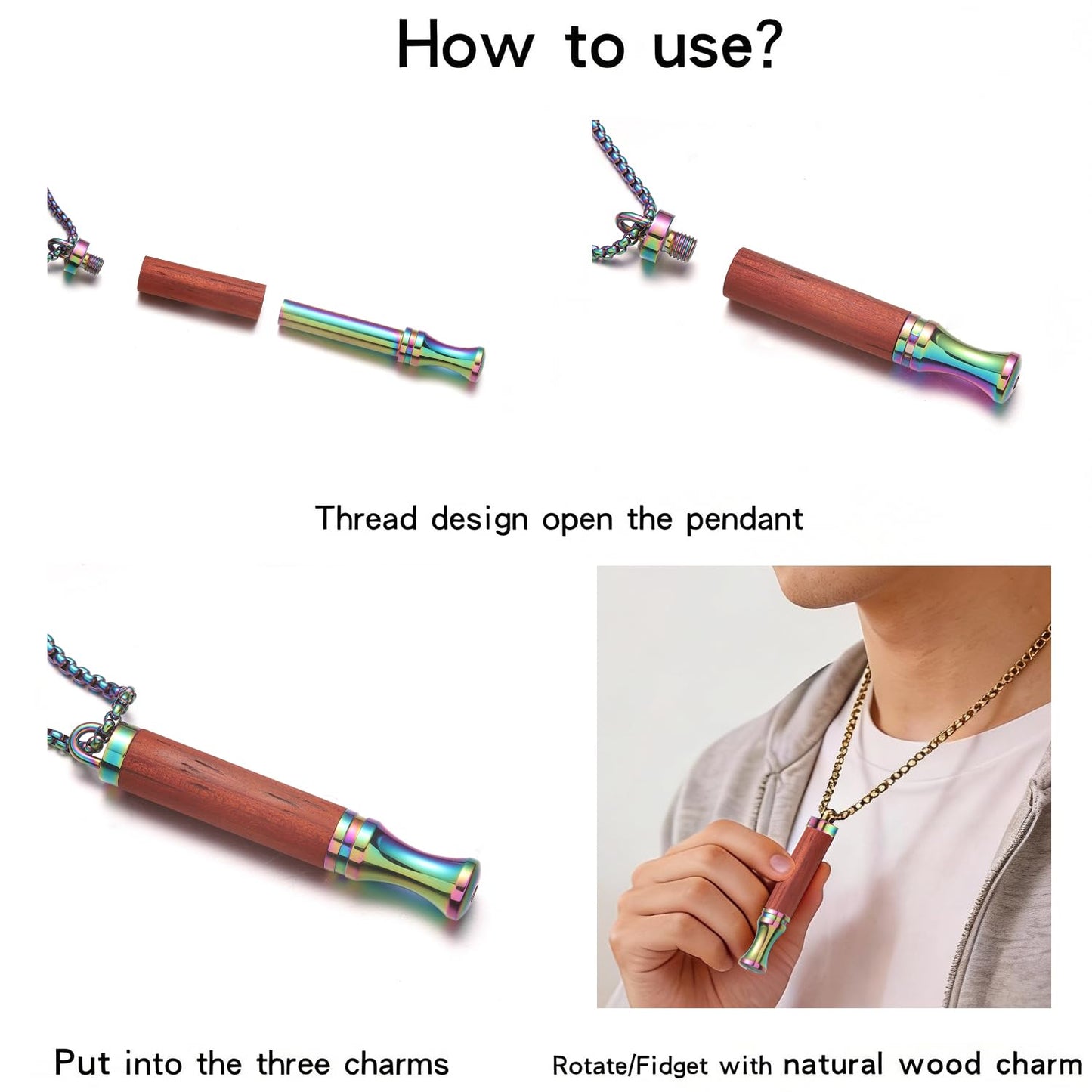 BOLAGTIER Mindful Breathing Necklace: Natural Wood Fidget Charm for Anxiety Relief & Quit Smoking Aid, Stainless Steel Sensory Pendant to Calm Your Mind (Rainbow)