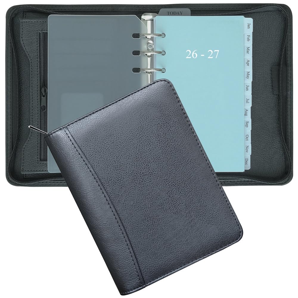 Fan&Ran 2026-2027 Zipped Planner Organizer, Weekly and Monthly Refills with Simulated Leather Cover, Personal Size, Black