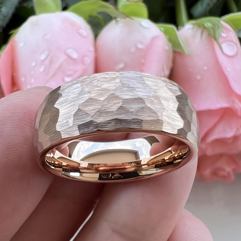 TUTISS 8mm Rose Gold Hammered Tungsten Rings for Men Women Engagement Wedding Bands Domed Matte Finish Comfort Fit Size 6