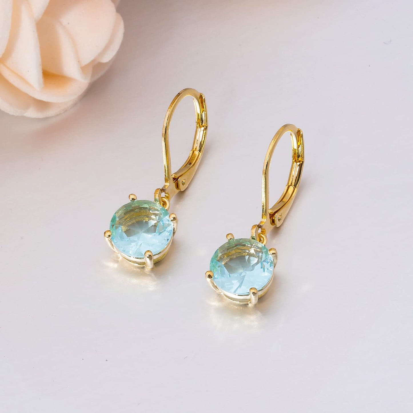 CiNily Gold Leverback Dangle Earrings 14K Gold Plated Light Blue Crystal Drop Earrings Summer Jewelry for Women 8 mm