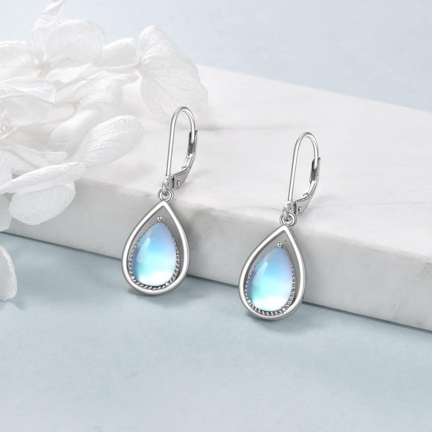 VONALA Moonstone Earrings 925 Sterling Silver Moonstone Leverback Earrings Teardrop Dangle Dangling Earrings Jewelry Gifts for Women