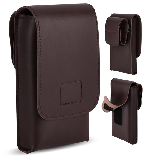 CaSZLUTION Phone Pouch for Cosplay - Ultra Fiber PU Leather Phone Holster Case with Belt Loop Keeper, Costume Accessory for Halloween, Conventions & Roleplay (Brown - L)