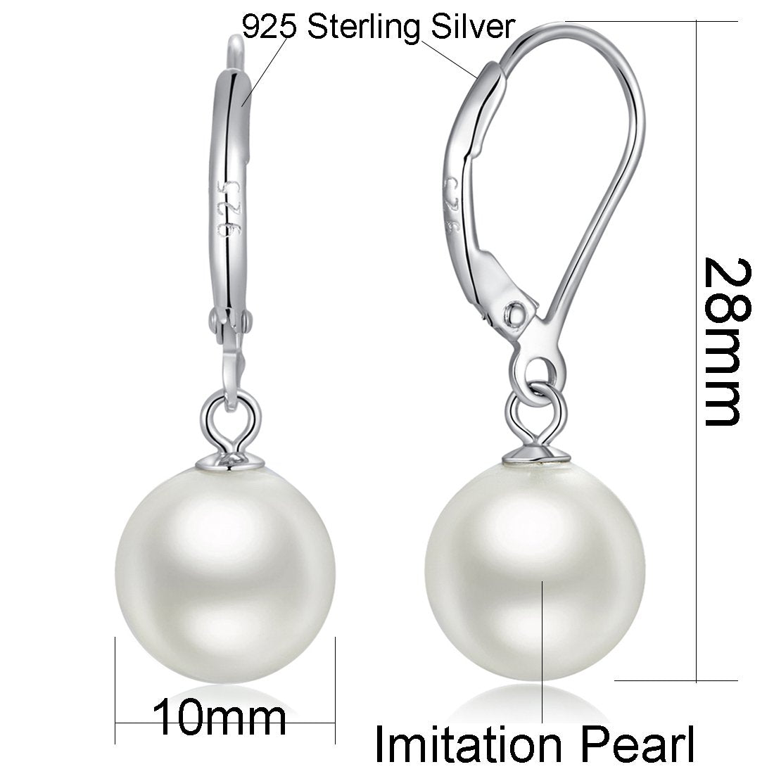 Han han Pearl Dangle Earring for Women 925 Sterling Silver Leverback Earrings 10MM
