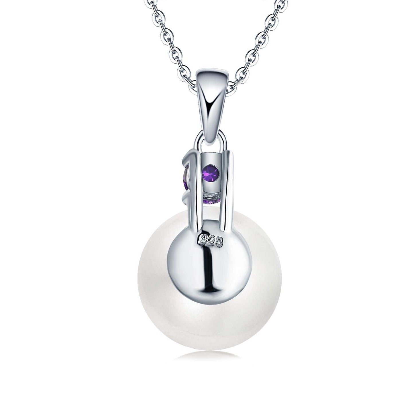 JO WISDOM Women Necklace,925 Sterling Silver Cubic Zirconia 10mm White Freshwater Pearl Pendant Necklace,February Birthstone Amethyst Color
