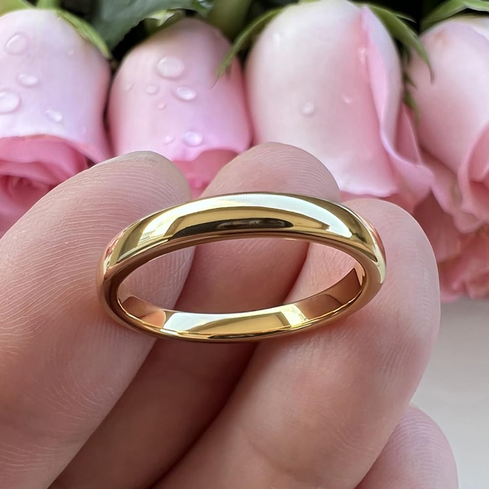 TUTISS 3mm Gold Tungsten Rings for Women Men Engagement Wedding Bands Domed Polished Comfort Fit Size 9