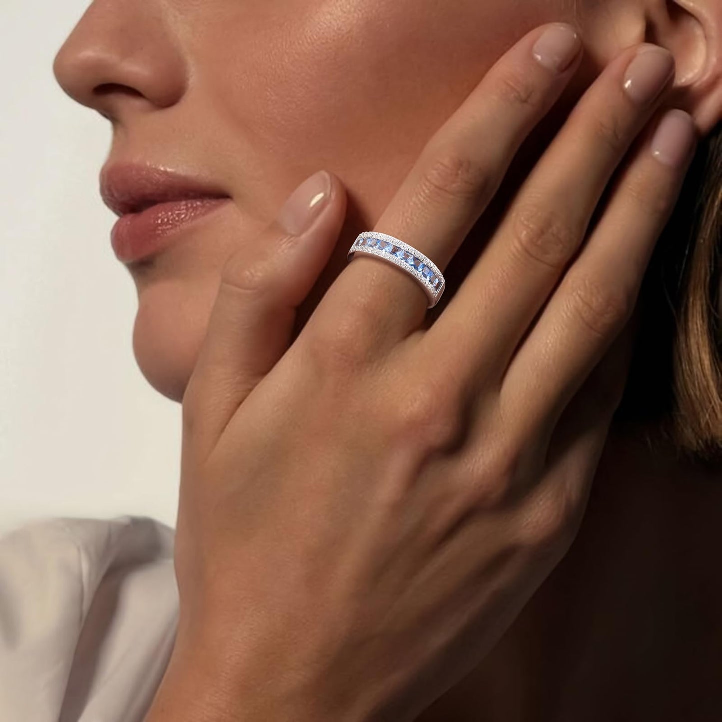 RANDES 925 Sterling Silver Blue Topaz Rings for Women December Birthstone Ring Channel Set Princess Cut Eternity Band Size 10
