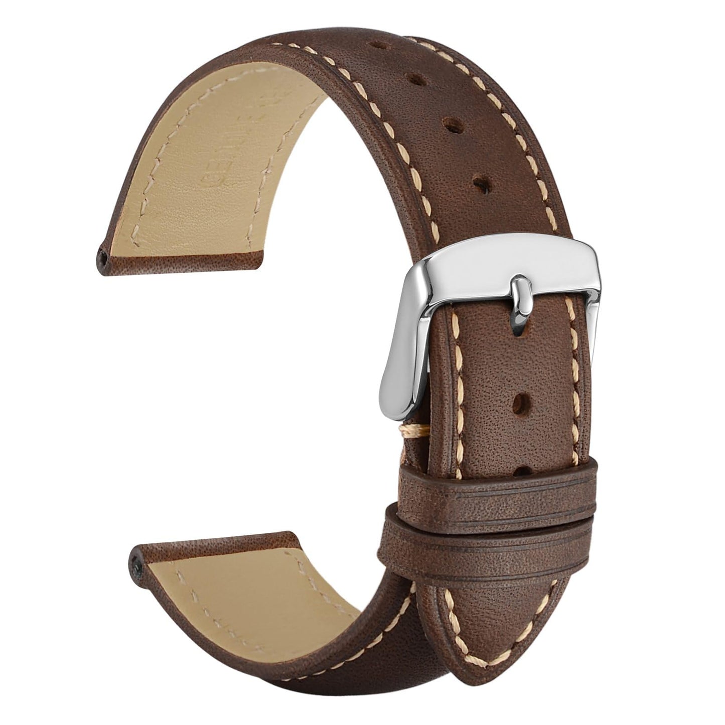 WOCCI 19mm Vintage Leather Watch Band for Men and Women, Silver Buckle (Dark Brown/Contrasting Stitch)