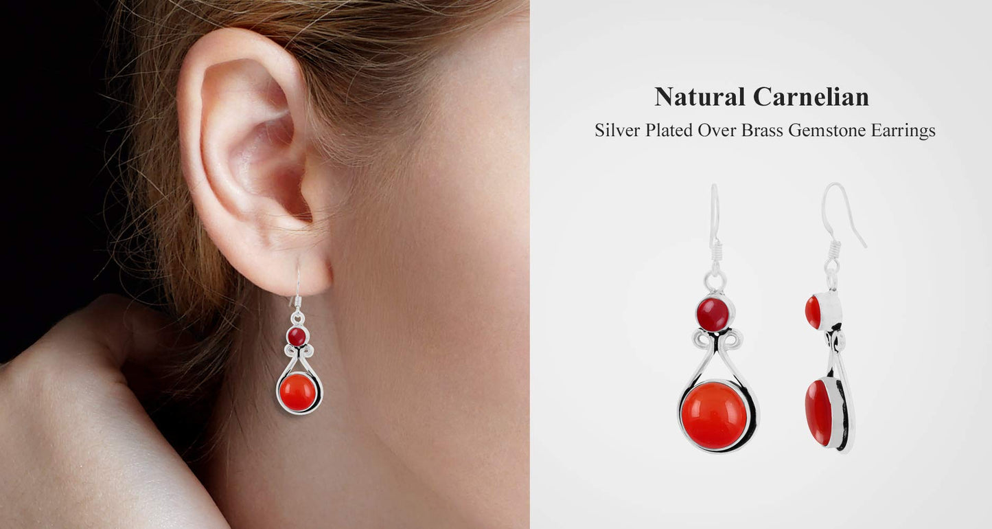 Natural Carnelian Silver Plated Dangle Earrings for Women - July Birthstone Round Gemstones Drop Earrings Handmade Jewelry - Wedding Gift for Her