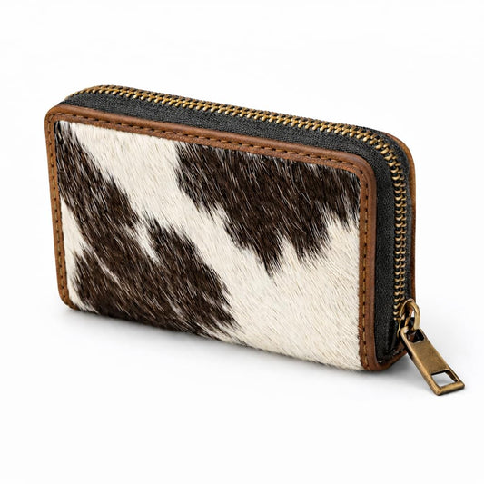 ESS Cowhide Leather Hair-On Wallet Women Small Zip Accordion Card Holder RFID Compact Organizer with Coin Pocket Secure Zipper Stylish Gift Pouch Minimal Everyday Carry