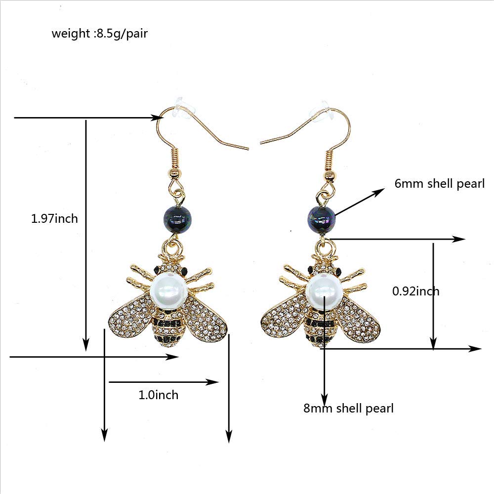 Honey Bee Drop Earrings Crystal Insect Themed Dangle Earring Animal Fashion Shell Pearl Hook Earring Gold Tone for Women Jewelry (white pearl +black pearl hook)