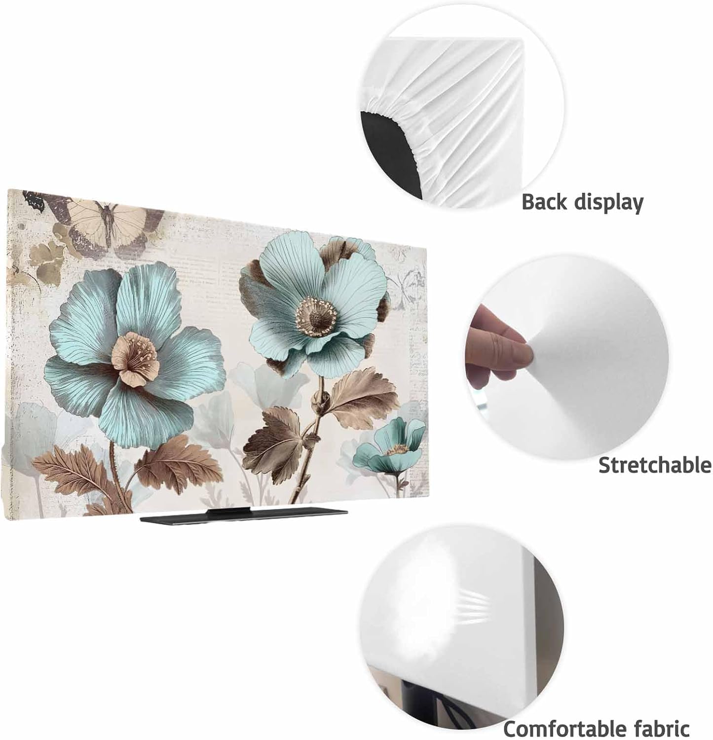 Yukro 40 Inch, 35"x22" Victorian Style Broccoli Butterfly Indoor TV Dust Cover, Blue Flowers Plant Elastic TV Dustproof