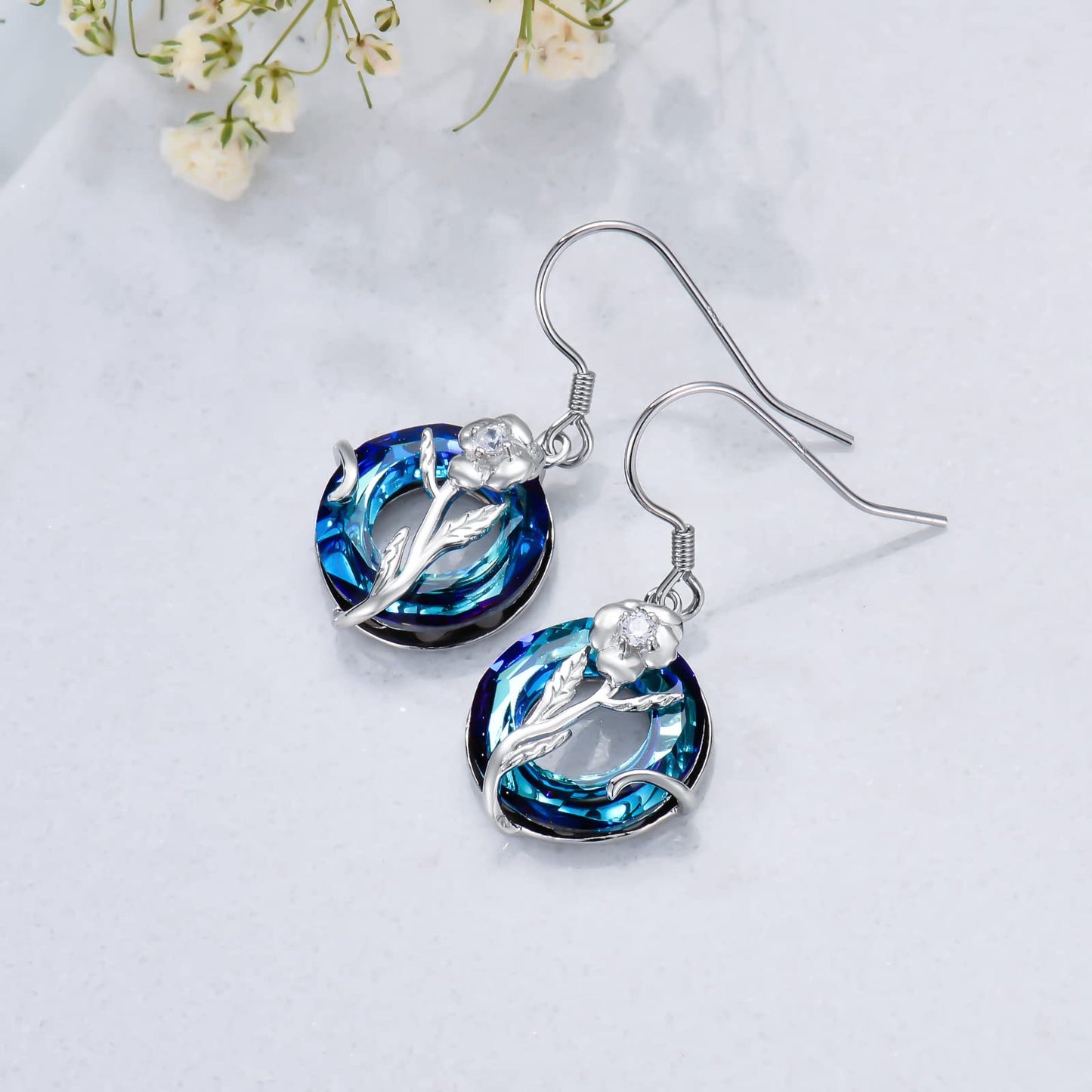 TOUPOP February Birth Flower Earrings Violet Drop Dangle Earrings Blue Crystal Jewelry Birthday Mothers Day Gifts for Women Mom Her
