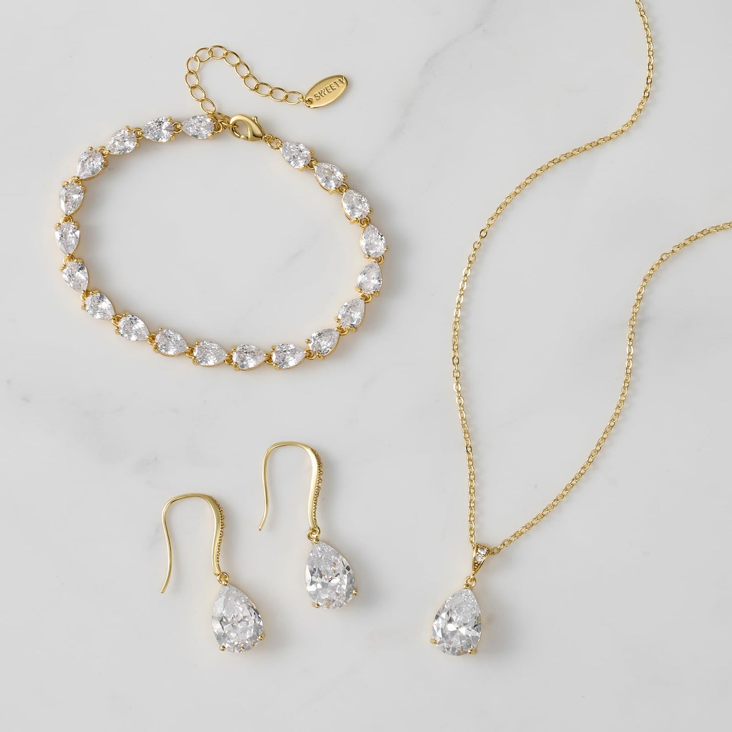 SWEETV Gold Bridal Jewelry Set for Wedding, Cubic Zirconia Crystal Wedding Jewelry Set for Bride Bridesmaid, Crystal Teardrop Pendants Earrings Necklace Bracelet Set for Prom