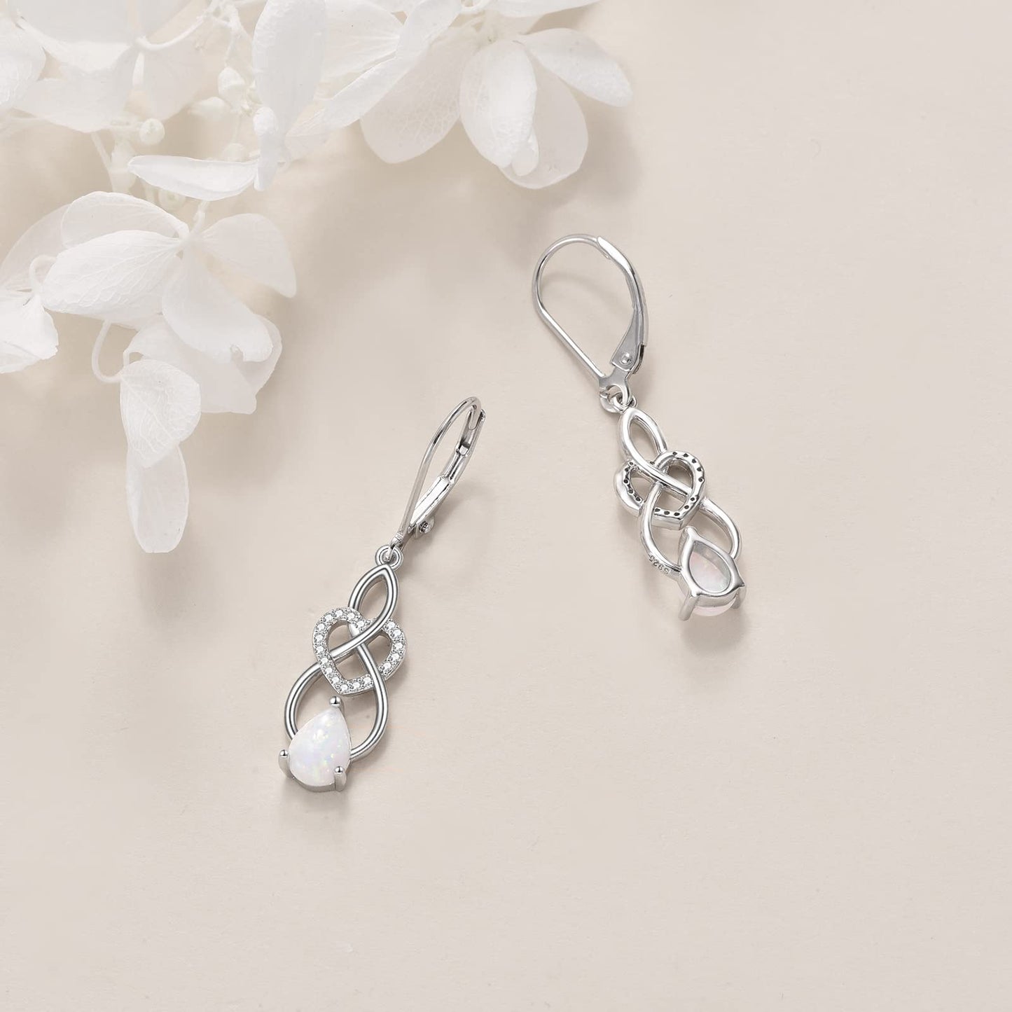 VONALA Opal Earrings 925 Sterling Silver Infinity Heart Dangle Drop Lervback Earrings Teardrop Dangling Twisted Earrings Jewelry Gift for Women