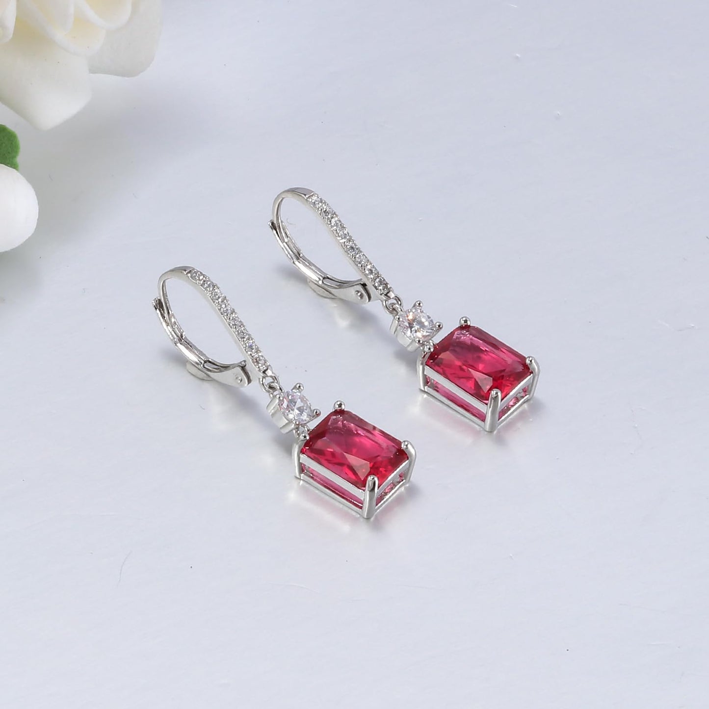 CiNily Leverback Earrings for Women Rectangular-cut Drop Dangle Earring Hypoallergenic, 14K White Gold Plated Rose Red Cubic Zircon Earrings Diamond Dangle Ear Rings Jewelry Birthday