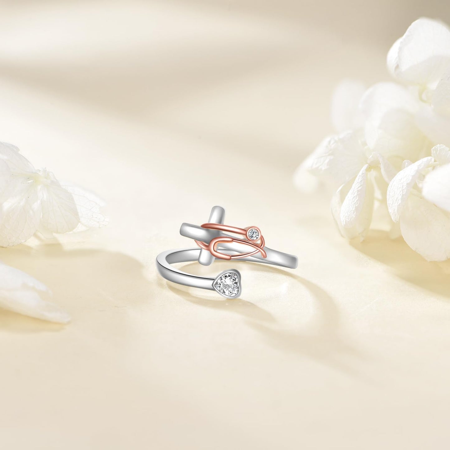 JBAERD Stethoscope Cross Ring Sterling Silver Adjustable Stethoscope Heart Ring Cross Jewelry Gifts for Women Men