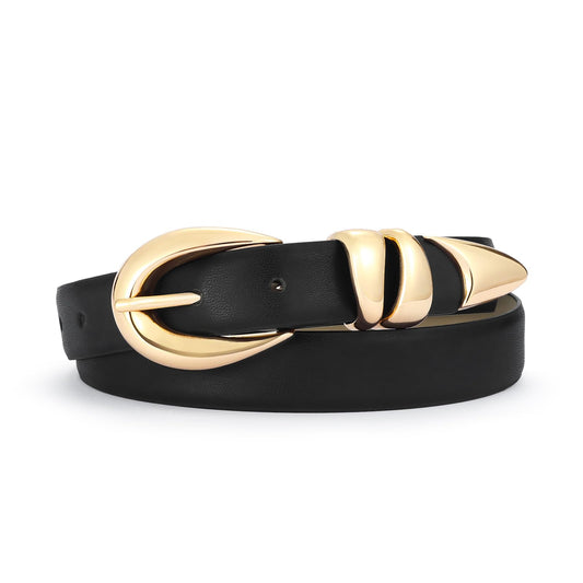 Hihope Womens Black Belt with Gold Buckle Faux Leather Belts for Women Ladies Belts for Jeans Dress Business Casual Outfits