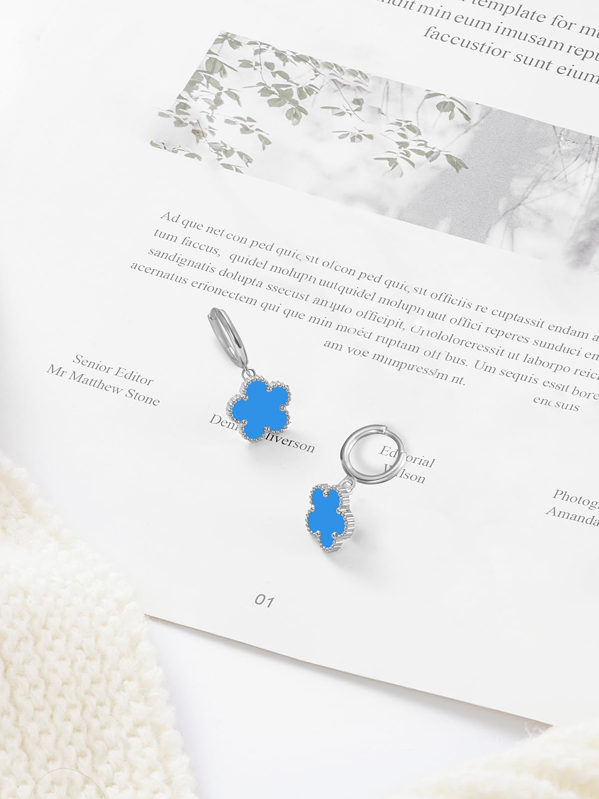 Gold Plated Five Leaf Clover Dangle Earrings for Women Lucky Flower Jewelry (Blue-White Gold Plated)