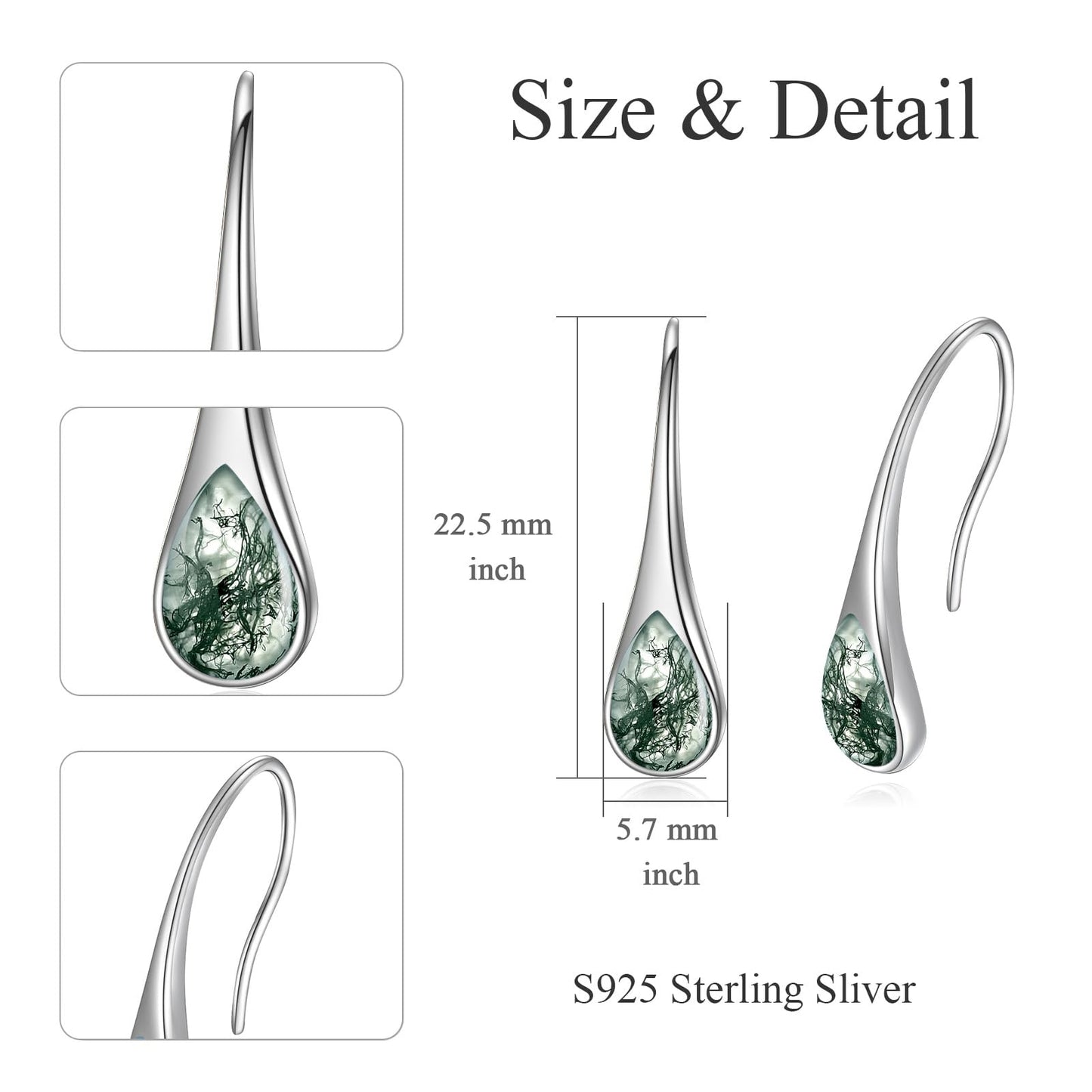925 Sterling Silver Pear-Shaped Hook Earrings with Moss Agate, Teardrop Jewelry Gifts for Women Wife Mom