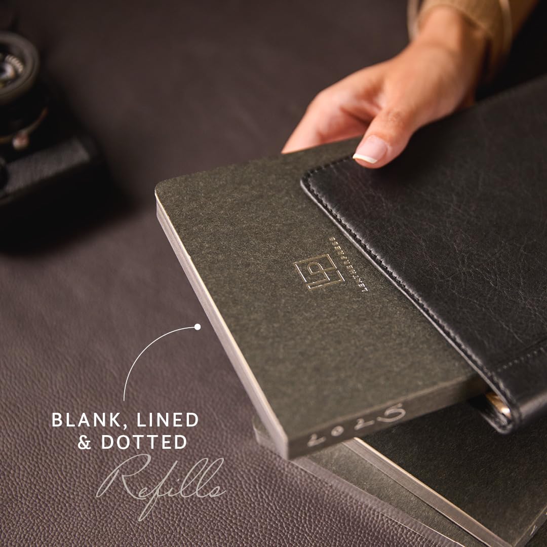 Leatherpress Refillable Journal, Fedora Black Full-Grain Leather Notebook Cover with Insert, 160 Lined Pages, 120 gsm Acid-free Paper, Blank, Lined, Dotted Refills Available, 8” x 5.75” Insert Size