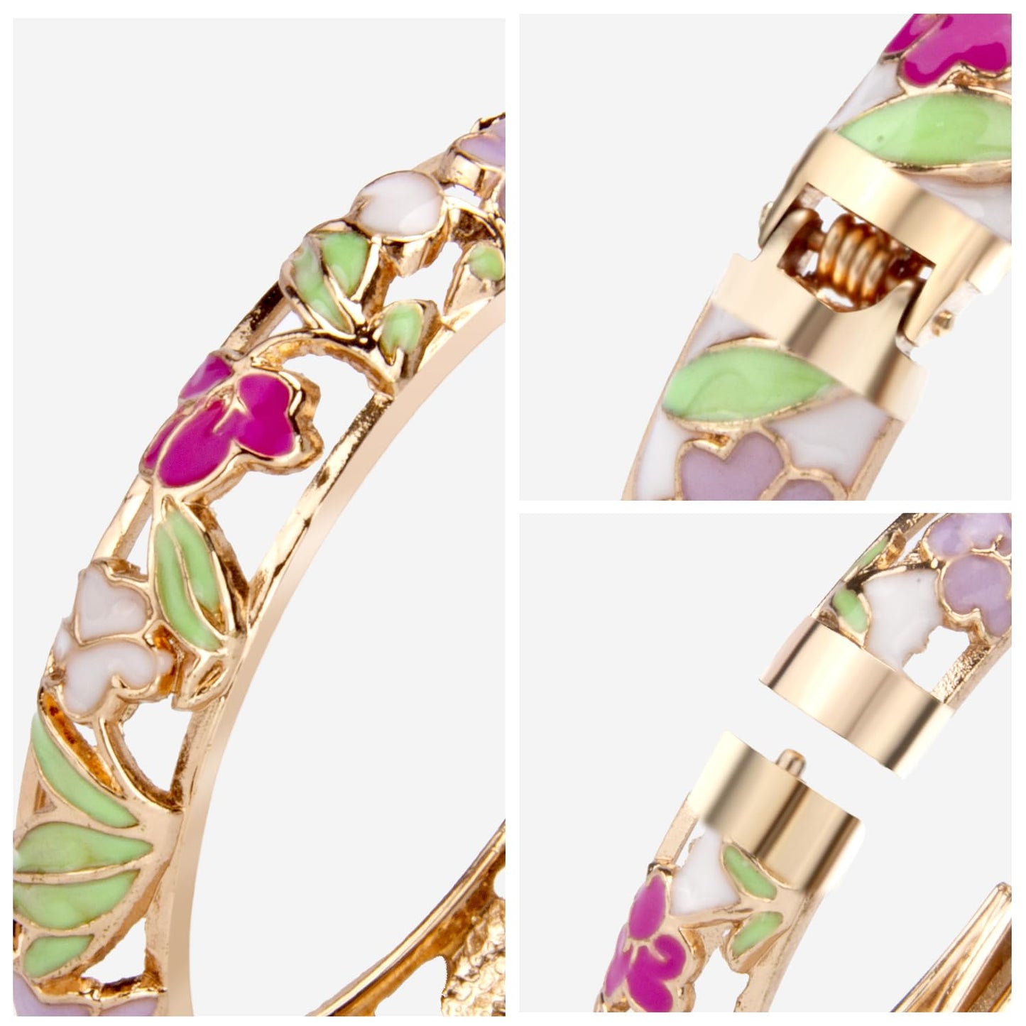UJOY Cloisonne Bracelet Lotus Flower Plated Cuff Bangle Enameled Jewelry Bracelets Gift for Women Pack in Case 88B04-55A100 White Green