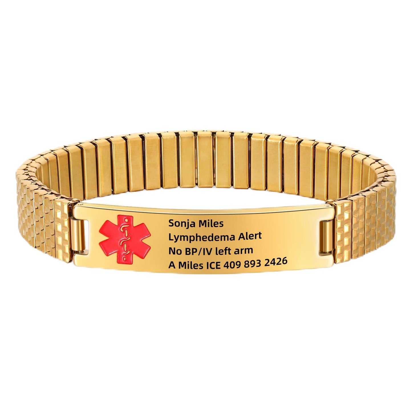 Personalized Medical ID Bracelets for Men - Custom Emergency Alert Bracelet for Women Engraved Medic Info Elastic Stainless Steel Bracelets for Family Autism Allergy Diabetic Epilepsy (Gold, 21.5cm)