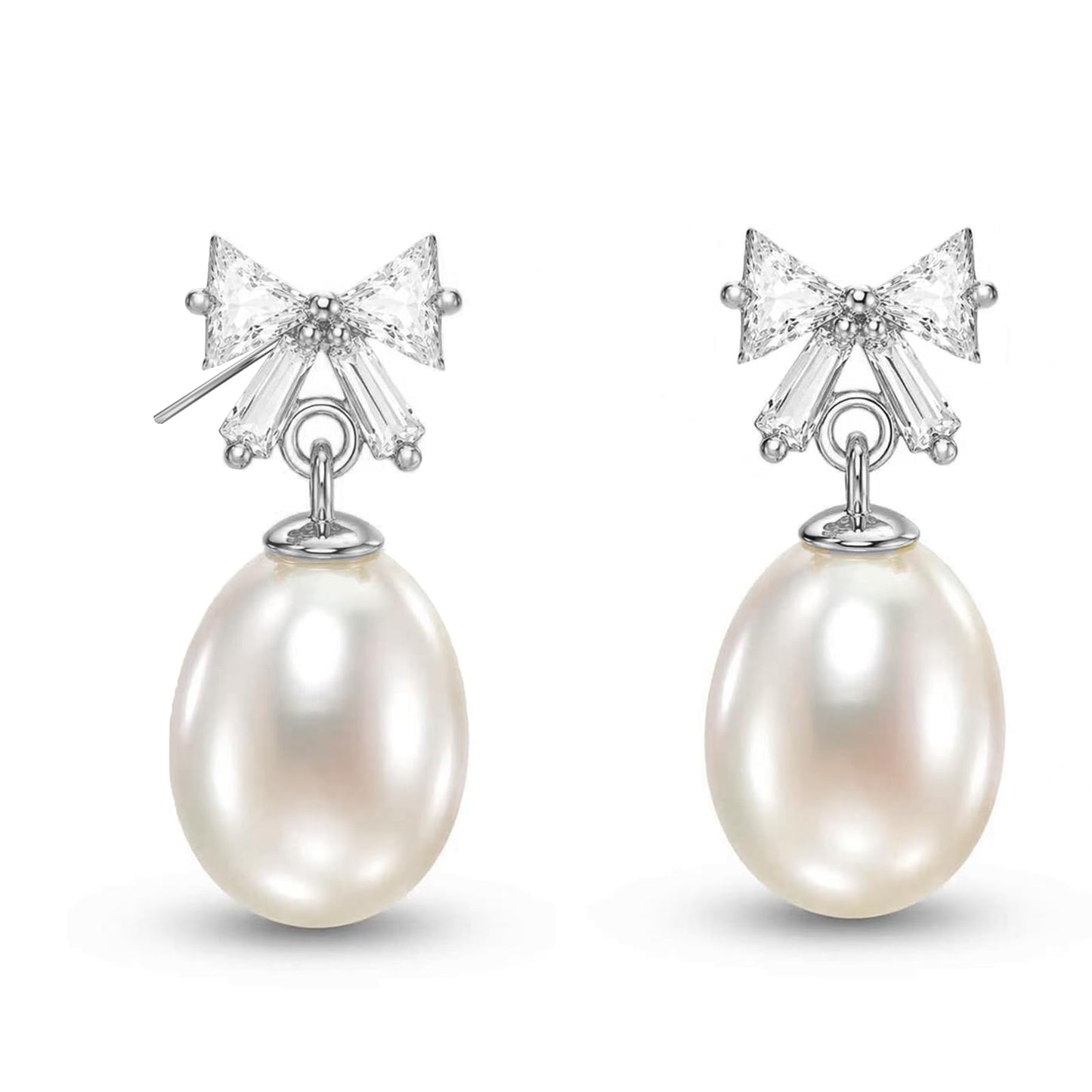 Pearl Drop Earrings for Women, Gold Plated & 925 Sterling Silver, Pink & White Dangle Earrings, Dainty Cute Elegant Bridal Wedding Gift for Her | Christmas Gift for Women (Silver Bow White Pearl)
