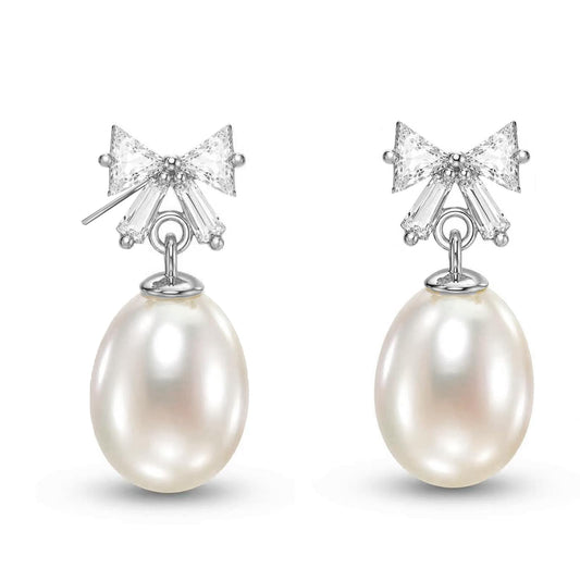 Pearl Drop Earrings for Women, Gold Plated & 925 Sterling Silver, Pink & White Dangle Earrings, Dainty Cute Elegant Bridal Wedding Gift for Her | Christmas Gift for Women (Silver Bow White Pearl)