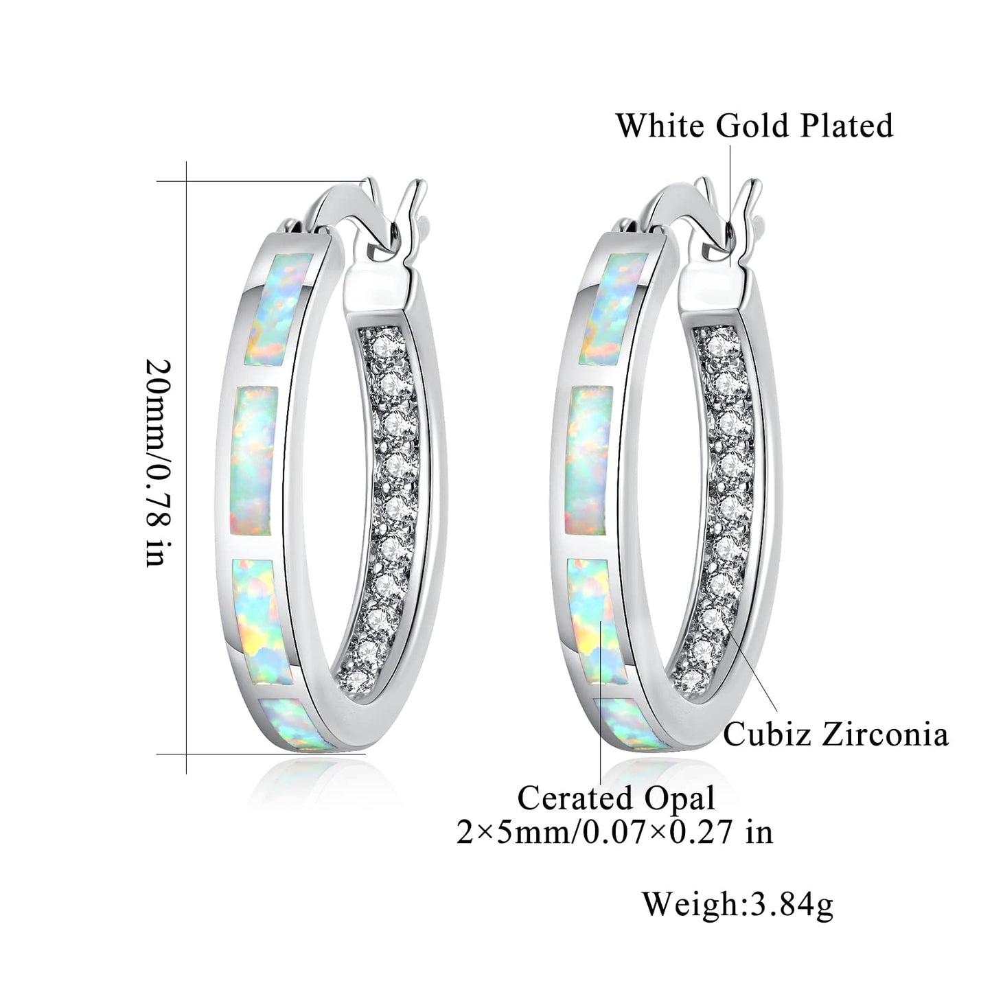 CiNily Women's Hoop Earrings Opal Earrings White Gold Plated Hypoallergenic Small Round Ear Hoops Ladies White Gemstone Hoop Earrings Jewelry 20mm